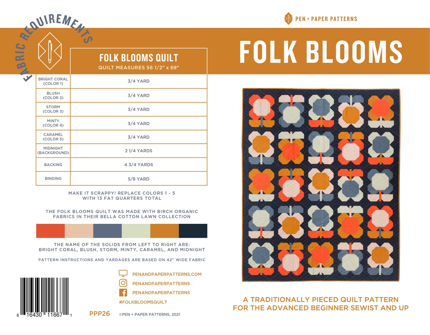 Folk Blooms quilt - paper pattern